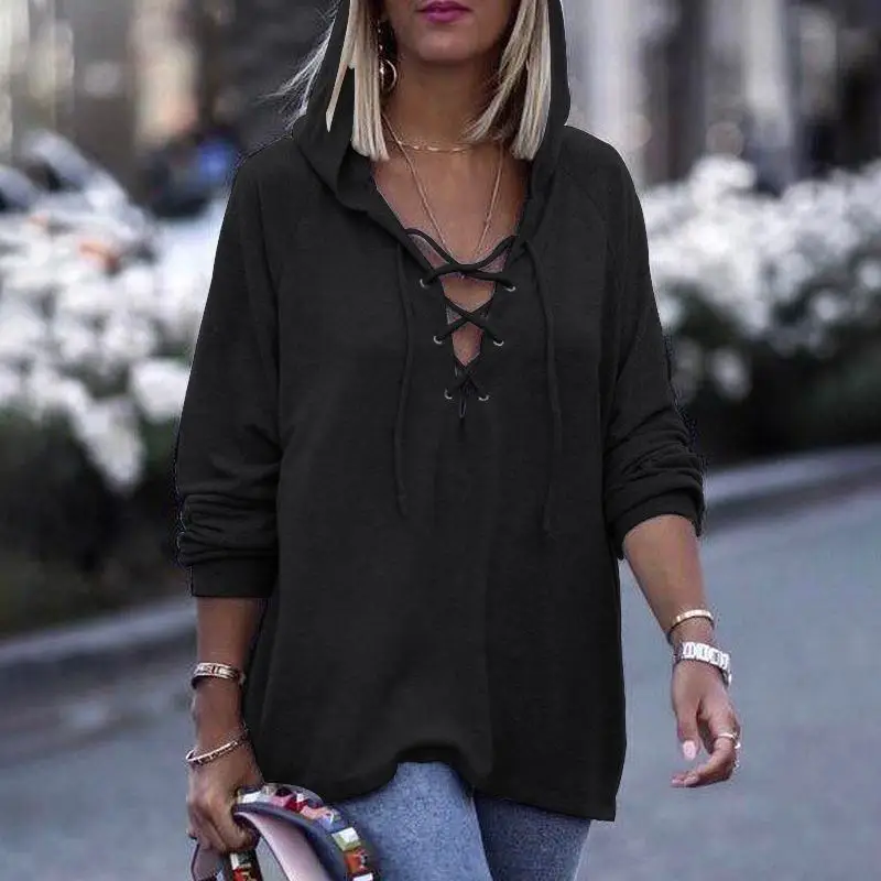 Черный ZANZEA Autumn Women Hoodies Blouse Vintage Solid Ladies Shirt Female Casual Long Sleeve Tunic Tops Hooded Blusas Plus Size - Цвет: Черный