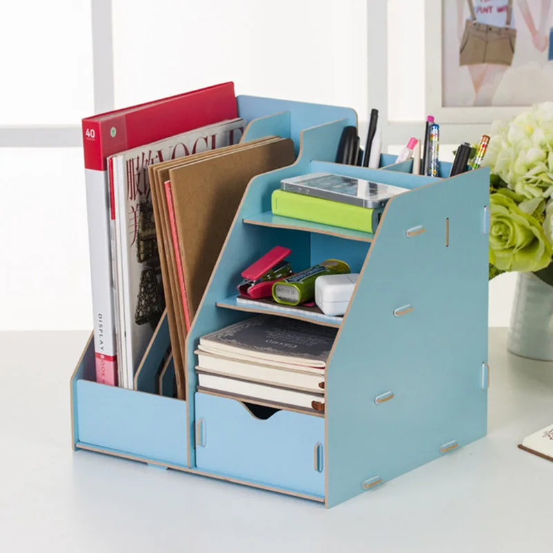 Light blue Простой DIY деревянный лоток для документов книжная полка многофункциональный ящик тип коробка для хранения ручка карандаш файл держатель офисный стол хранение чехол - Цвет: Light blue