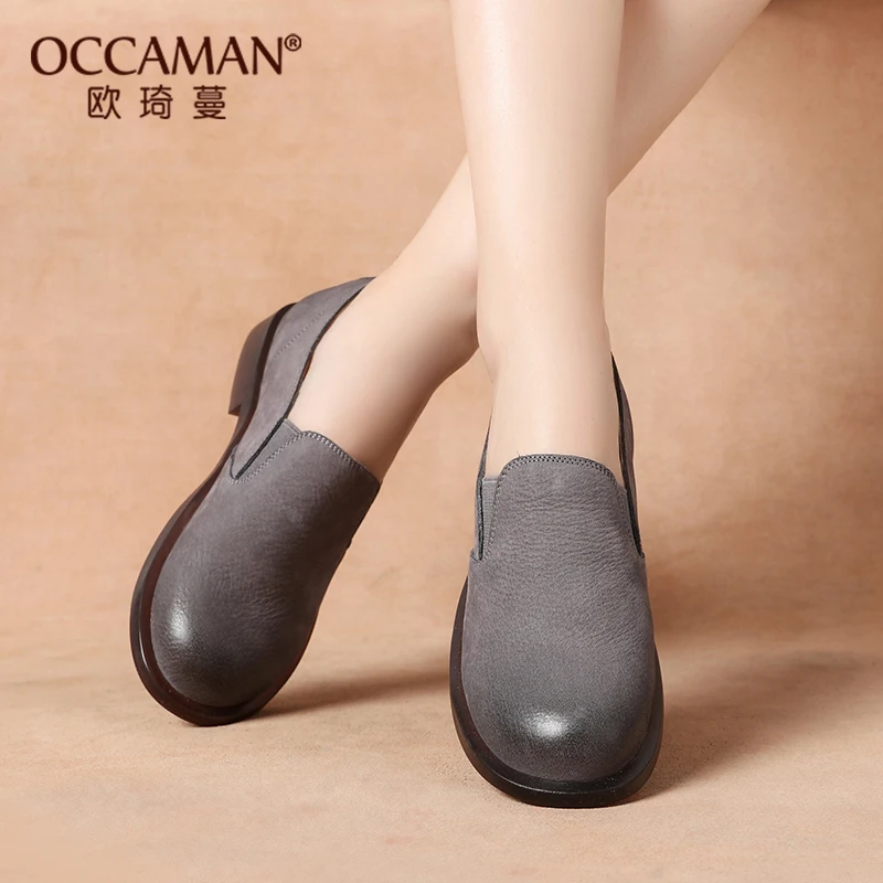 

OCCAMAN Handmade Vintage Leather Single Shoes Women's Round Toe Low Heel Elastic Band Ladies Casual Flats 05052