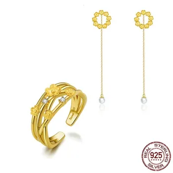 

2020 Spring Series Flower Dangle Earrings for Women Open Adjustable Finger Rings Female Fashion Jewelry Sets ZHS166