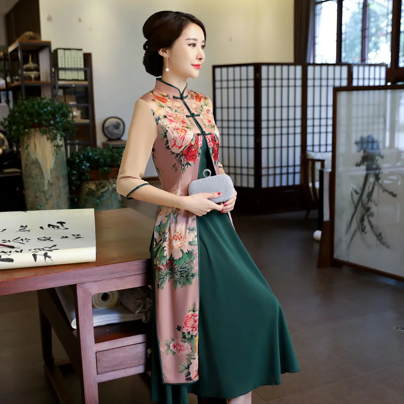 Китайское традиционное китайское платье Cheongsam с воротником «Мандарин» из двух частей, женское платье Ципао на пуговицах ручной работы, платье Чонсам с цветами