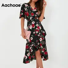 Богемное платье с цветочным принтом, женское летнее пляжное платье с оборками с коротким рукавом, с v-образным вырезом, Длинное Элегантное Вечернее Платье