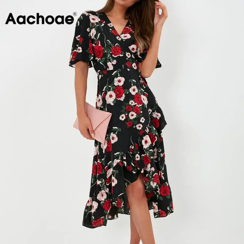 

Bohemian Floral Print Dress Women Summer Ruffle Short Sleeve Wrap Beach Dress V Neck Long Elegant Party Dress Vestidos Mujer
