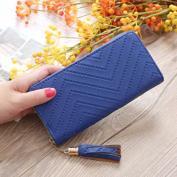 

Women Leather Long Zipper Tassel Wallet Lady Inprint Emboss Stripe Purse Poucht Girl Card ID Holder With Note Compartment Wa0130