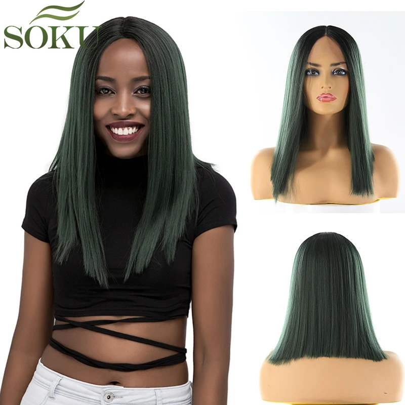 

Green Lace Front Synthetic Hair Wig SOKU Yaki Straight Lace Wigs Middle Part Bob Wigs For Black Women 150% Density