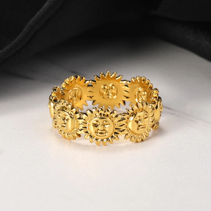 Gold Color Ring Finger Ring Stainless Steel Ring Bohemian Sun Rings Vintage Woman Gold Color Stainless Steel Female Ring Aesthetic Accessories Wedding Jewelry