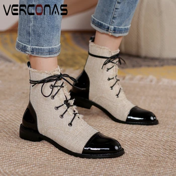 

VERCONAS Female Fashion Casual Ankle Boots For Women Genuine Leather Lace-Up Shoes Woman Autumn Winter Office Low Heels Boots