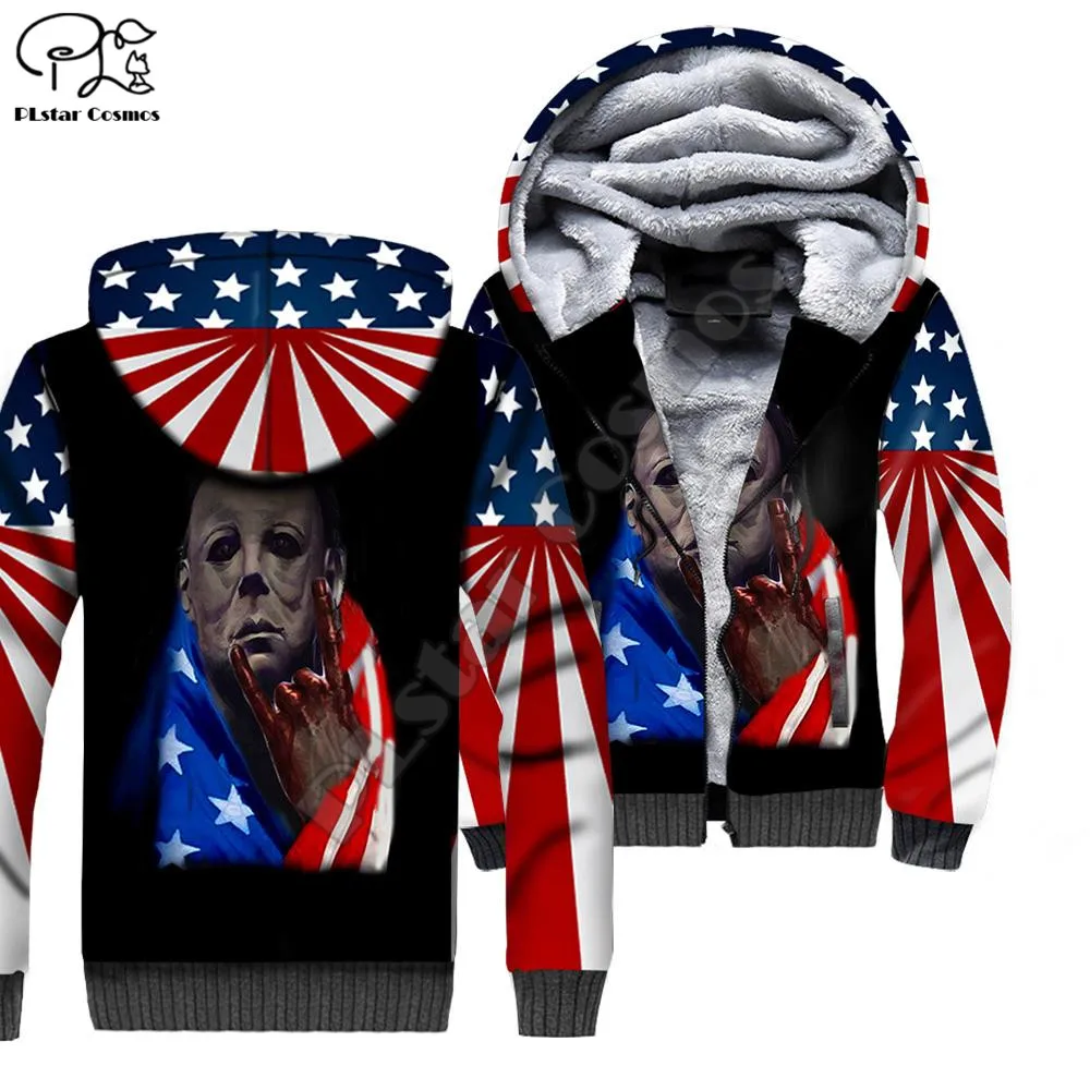 PLstar Cosmos Michael Myers Halloween 3D Print Winter Clothing Casual Warm Hood Thick Coat Zipper Man Fleece Hoodies Jacket M-6
