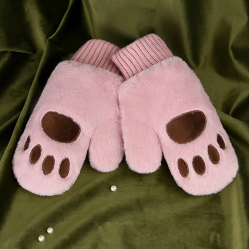 Pink New Winter Gloves Women Mittens Bear Claw Rabbit Velvet Inside Arctic Velvet Thickened Dual-layer Hang on Neck Type Mittens - Цвет: Pink