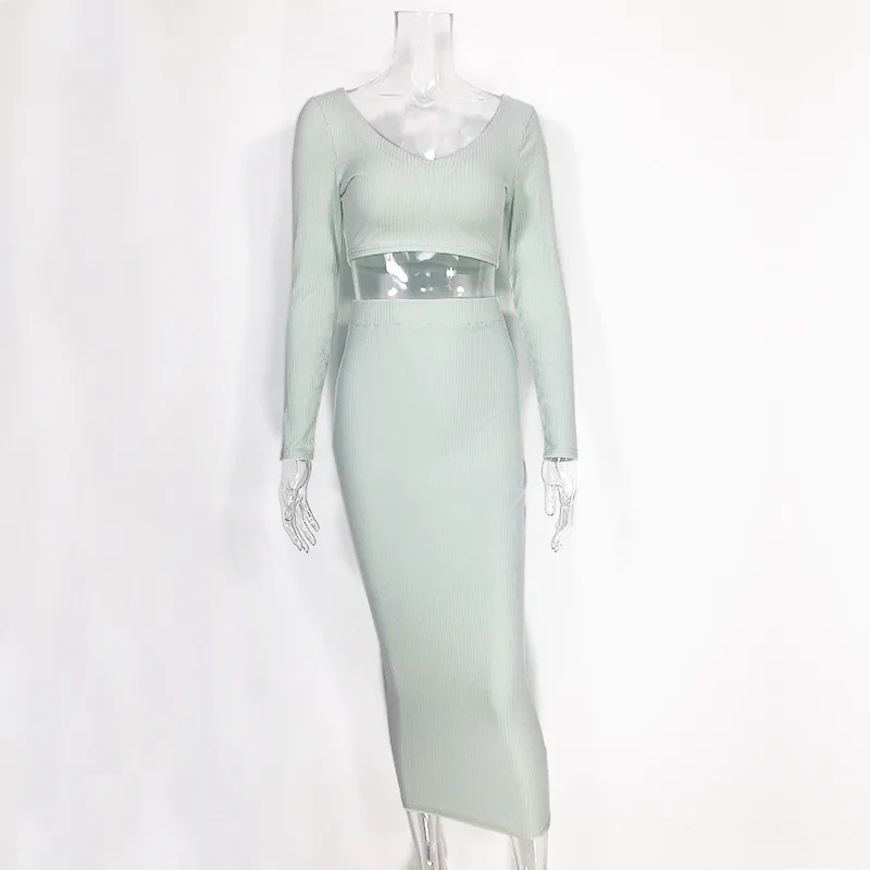 2019 осенний женский вечерний комплект с длинными рукавами, укороченный топ и длинная юбка-карандаш, комплект из 2 предметов, комплект одежды