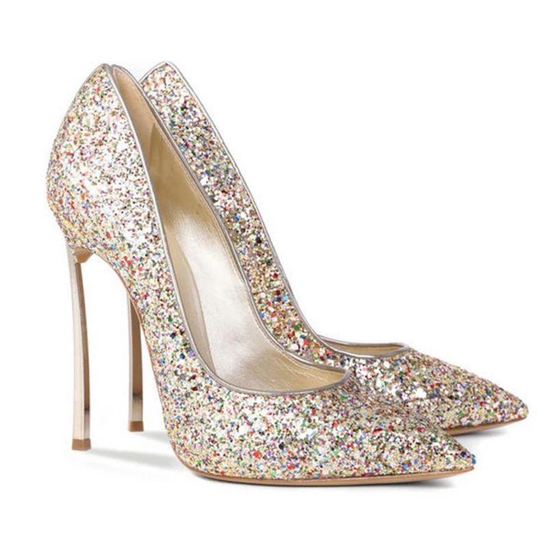 

Women Bling Bling Sequins Blade Heel Pumps Pointed Toe Slip-On Glitter sequins High Heels Wedding Dress Shoes Metal Heel Shoes