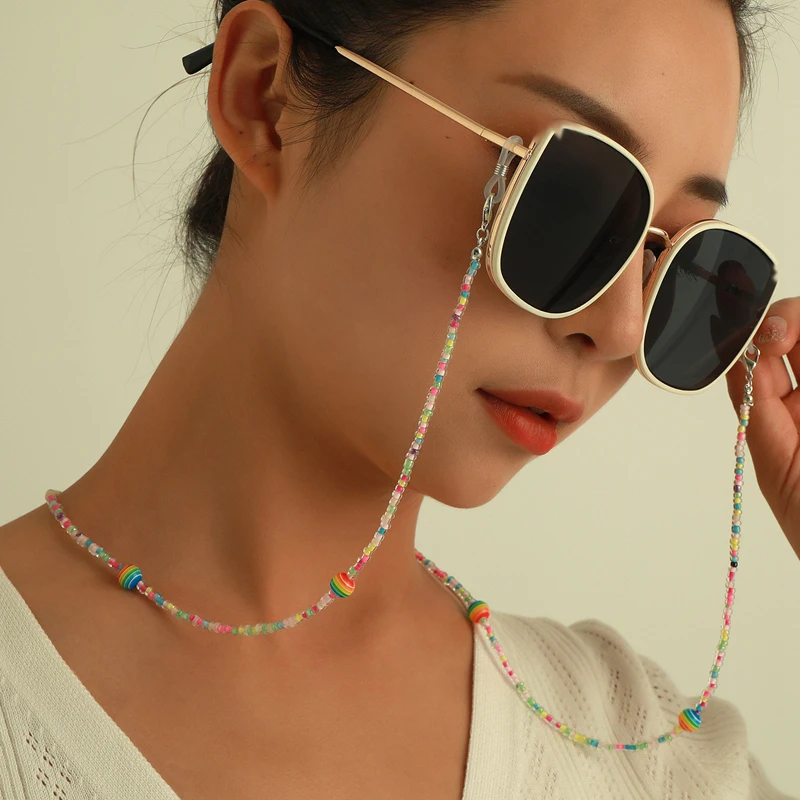 

Rainbow Seed Beads Glass Chain Fashion Women Face Mask Holder Non-slip Lanyard Colorful Ball Neck Hang Strap for Girl Children