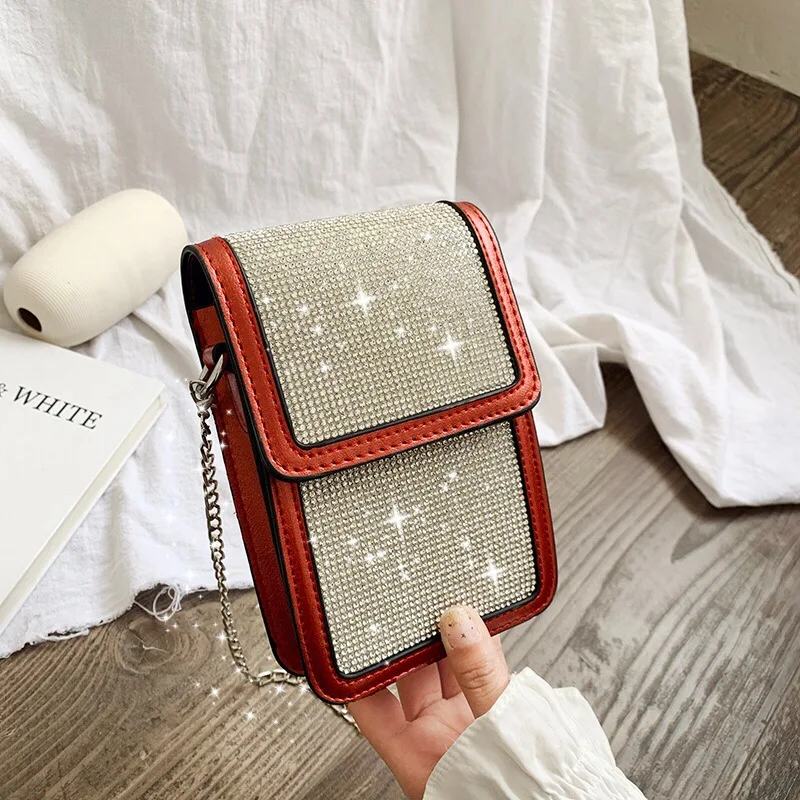 

2019 new water drill sparkling mobile phone bag lacquer leather bag with one shoulder oblique span women's bag