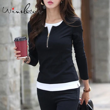 

Fake Two Pieces Casual T-shirt Women Spring New Zipper Long Sleeve Cotton Tops Tees Women Clothing ropa mujer футболка T01603B