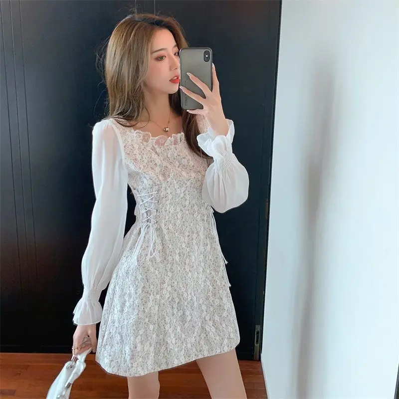 Long Sleeve Dress Women Lace Streetwear Trendy Lovely Square Collar Summer Sweet Stylish Ulzzang Female Leisure All-match Mujer wedding guest dresses Dresses