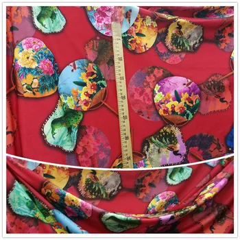 

150cm * 100cm Antique Stretch Red Colorful Fan QMilch Printed Fabric Elegant Cheongsam Dress Fabric