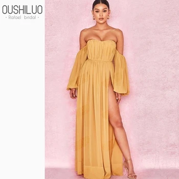 

Sexy Yellow Chiffon Straight Prom Dresses Custom Made Strapless Off Shoulder Backless Split Summer Strap Hollow Out Party Wear