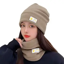 Women Winter Hat and Scarf 2-piece Polar Fleece Thermal Hood Outdoor Riding Ear Protection Cap and Fleece Bib Hat Sets