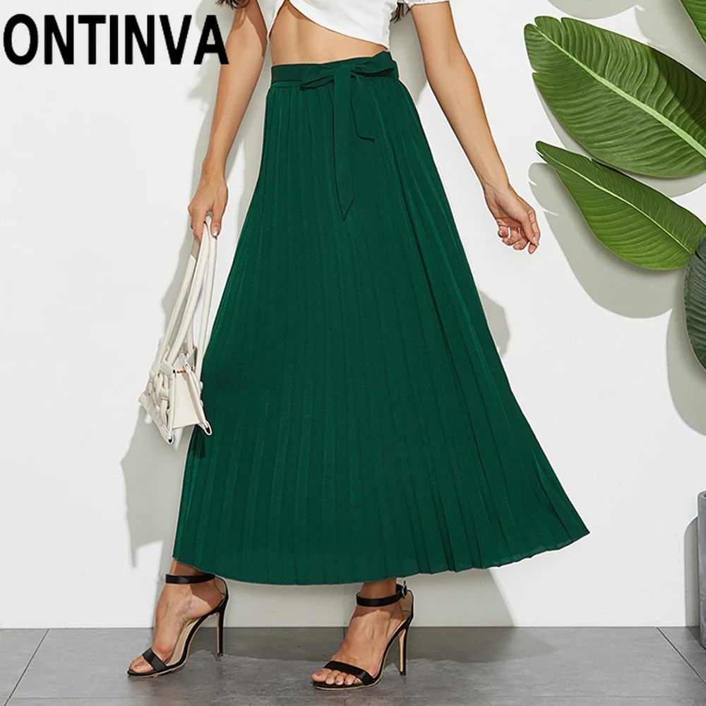 

2020 Summer Woman Pleated Green Long Skirts Womens Maxi Skirt Jupe Ankle Length A Line Waist Belt Sashes Elegant Jupe Saias