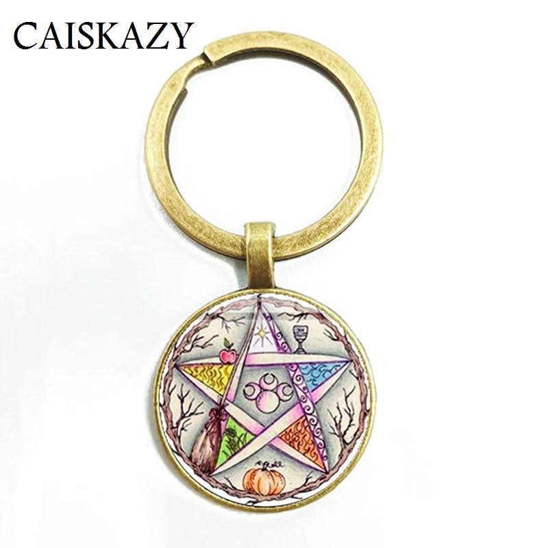 Esoteric Pentagram Wiccan Pendant Key Holder Tree of Life Wicca Star Vintage Photo Glass Dome Keychain