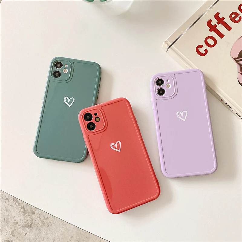 INS Cute Love Heart Phone Case For iPhone 12 Pro Max 11 XS Max XR X 7 8 Plus 12 Mini SE 2020 Camera Protection Candy Color Shell