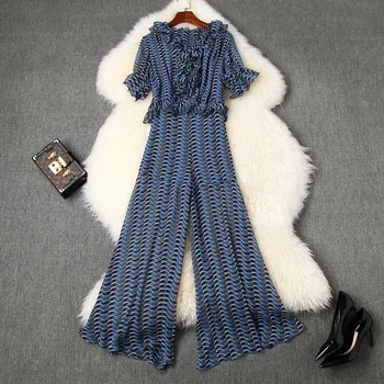 

Pant Suits Summer Women's Fashion Printed 2020 V-Neck Ruffles Short Top + High Waist Split Wide Leg Pants Two piece Chiffon Set