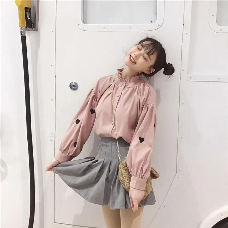 

2019 New Summer Spring Cute Girl Pink Blouse Sweet Ruffles Print Long Sleeve Shirt Casual Stand Neck Top And Shirt