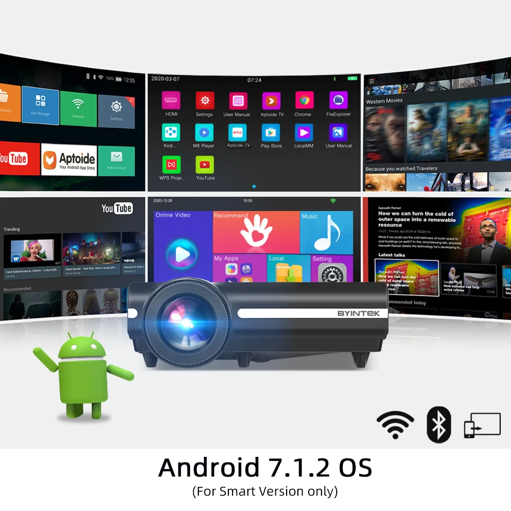BYINTEK BT96plus светодиодный Смарт Android Wifi дешевый видео проектор для Full HD 3D 4K 200 дюймов