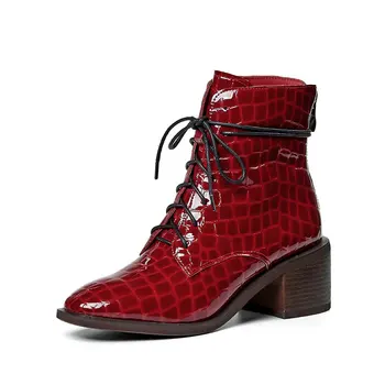 

Genuine Leather Women High Heels Ankle Boots Corss-tied Square Toe Party Wedding Shoes Woman Female Basic Boots