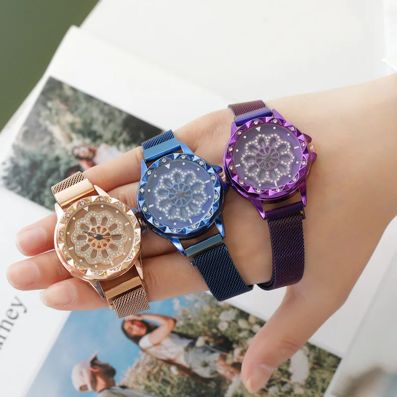 

Fashion Stainless Steel Magnetic Mesh Band with Hollow dial, Three-Dimensional Flower Design, Waterproof Size Heart-Shaped watch