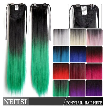 

Neitsi 22'' 1pc Straight Cabelos Clip In Synthet Drawstring Hairpiece Ribbon Ponytail T-Green Color Resistant Hair Extensions