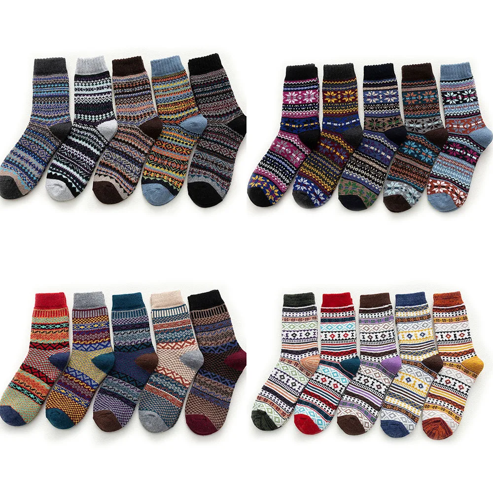 

New Women's Soft Thick Cashmere Casual Rabbit Wool Blend Warm Winter High Quality Retro Pattern Cotton Socks