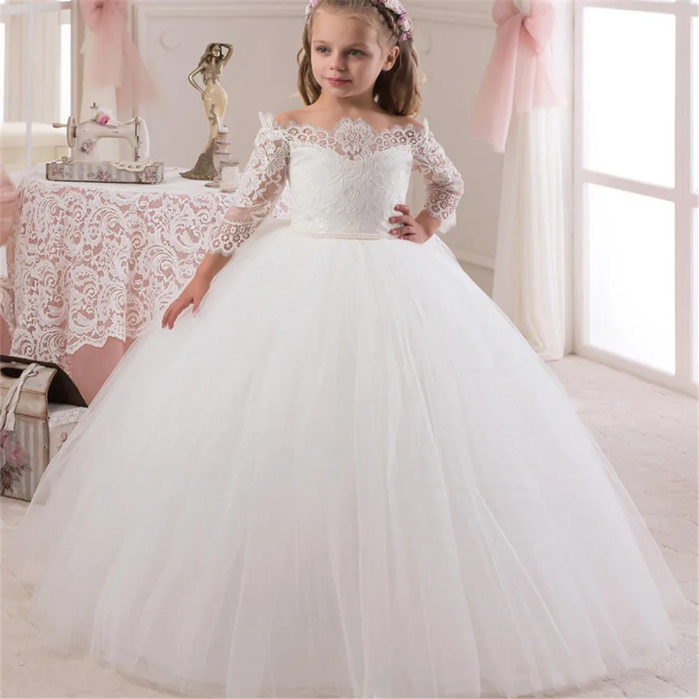 

Flower Girl Dresses For Princess Lace Applique Long Sleeve Tulle Party Dreeses Floor Length Ball Gown First Holy Communion Dress