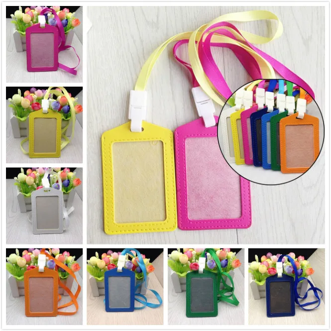 Candy Colors PU Bank Card Neck Strap Card Bus ID holders Women Men Name Credit Card Holders Identity badge with lanyard