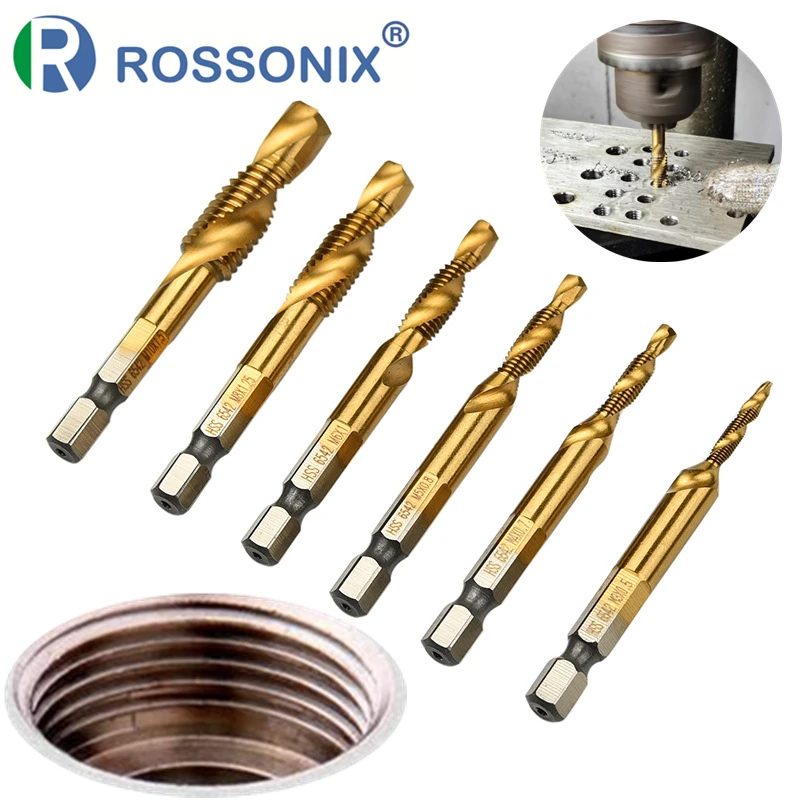 6pcs/lot Tap Drill Bits 1/4 Inch Hss Hex Shank Titanium Coated Thread Screw Tapping Drilling