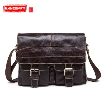 

2018 New Wax Leather Series Men Messenger Bag Genuine Leather Men Shoulder Bags Cross Body Bags Vintage Satchel Male Package