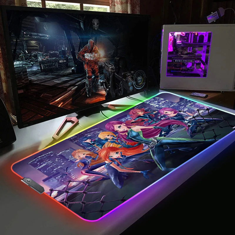 

RGB Cute Winx Clubs Mouse Pad XXL Mousepad Alfombrilla Raton Keyboard Pad Mause Pad Rubber No-slip with Backlit Tapis De Souris