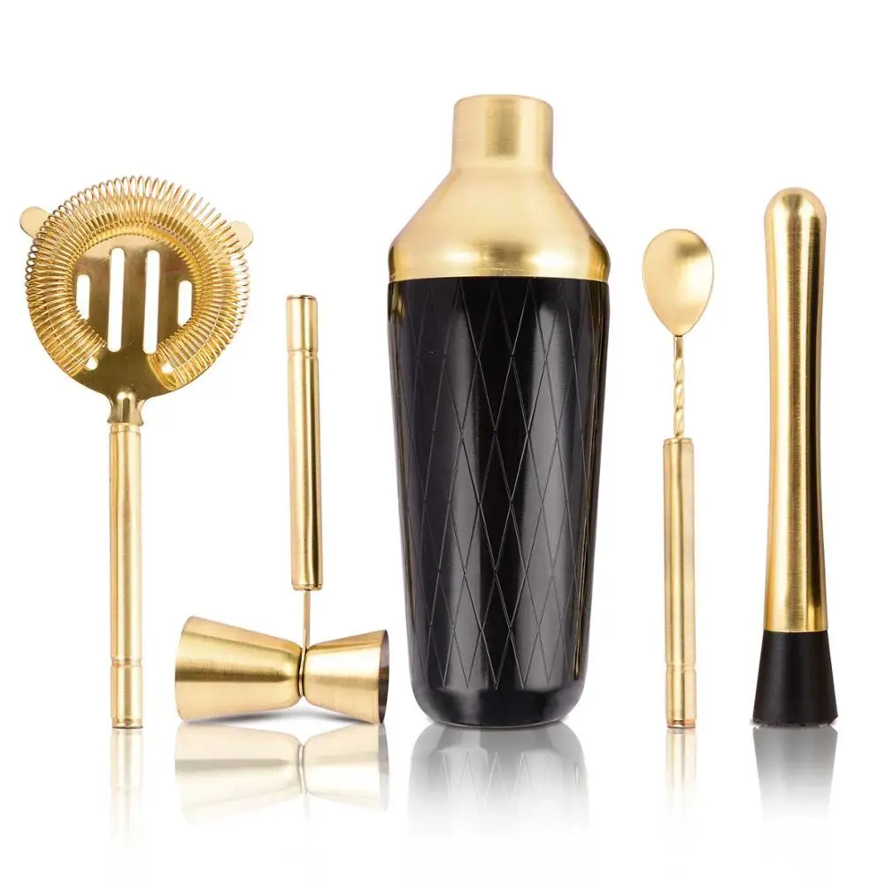 

Black Golden Stainless Steel Cocktail Shaker set Ice Tong Mixer Drink Boston Bartender tool Browser Kit Bars Set Bartender Tool