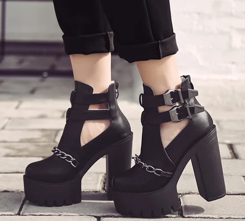 

Spring Autumn Fashion Ankle Boots For Women High Heels Casual Cut-outs Buckle Round Toe Chain Thick Heels Platform Shoes