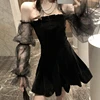 Vestido gótico Sexy Vintage con hombros descubiertos, funda para linterna de malla de retazos, Mini vestido de terciopelo, calle oscura, Grunge, negro ► Foto 2/6