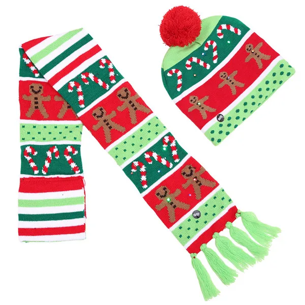 Светодиодный Рождественский головной убор, шапка, шарф, комплект, вязаная шапка для детей, взрослых, Рождество, День всех святых Вечерние - Цвет: D Set