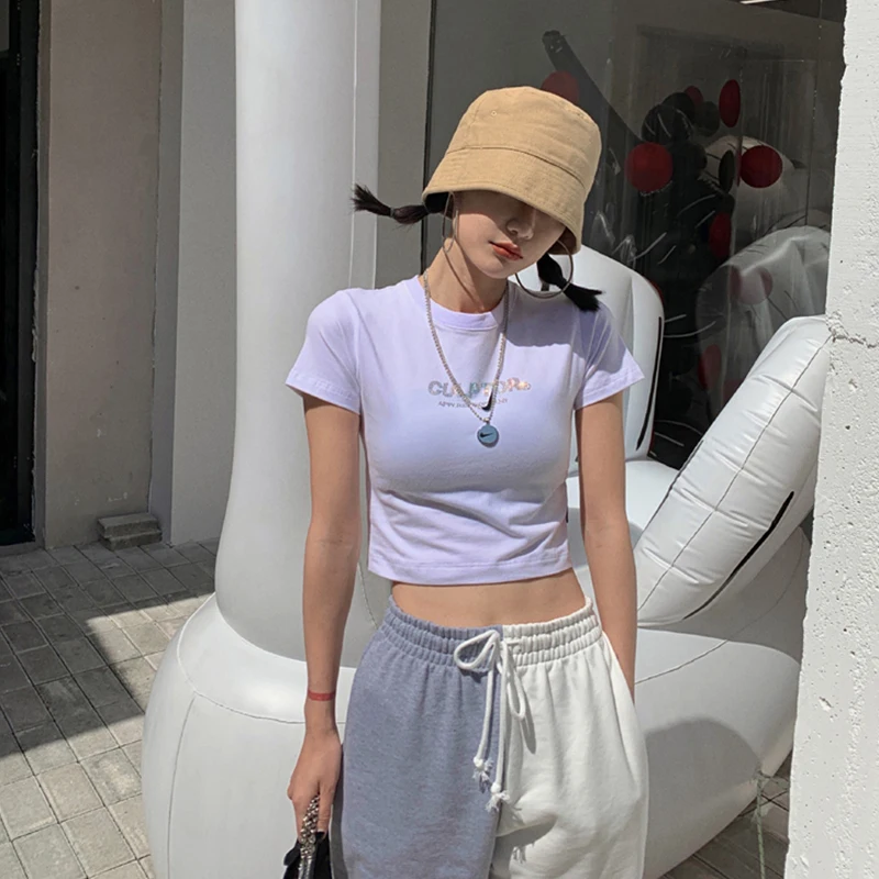 

Harajuku 2020 new fashion summer wear round neck crop button top short short sleeve T-shirt women Tees