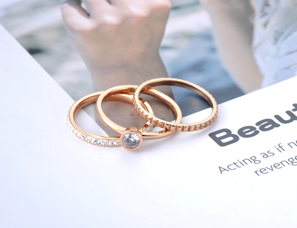 JeeMango Trendy 3 In 1 Rose Gold Cubic Zirconia Rings Jewelry Titanium Stainless Steel Wedding Engagement Ring For Women JR19065
