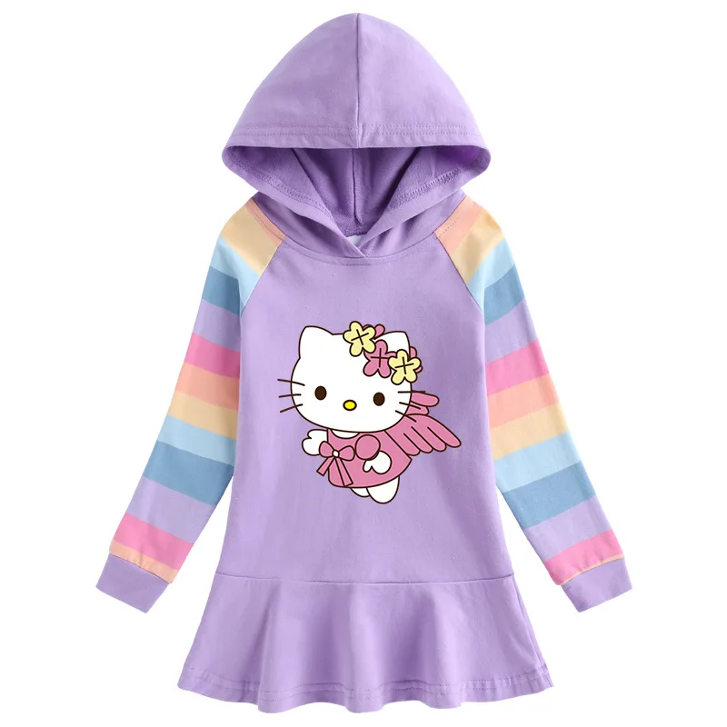 thumbnail image 1 of Hello Kitty-vestido con estampado de dibujos animados para niña, suéter con capucha de manga larga de arcoíris de algodón puro, falda de princesa dulce, primavera y otoño, 1 of 5