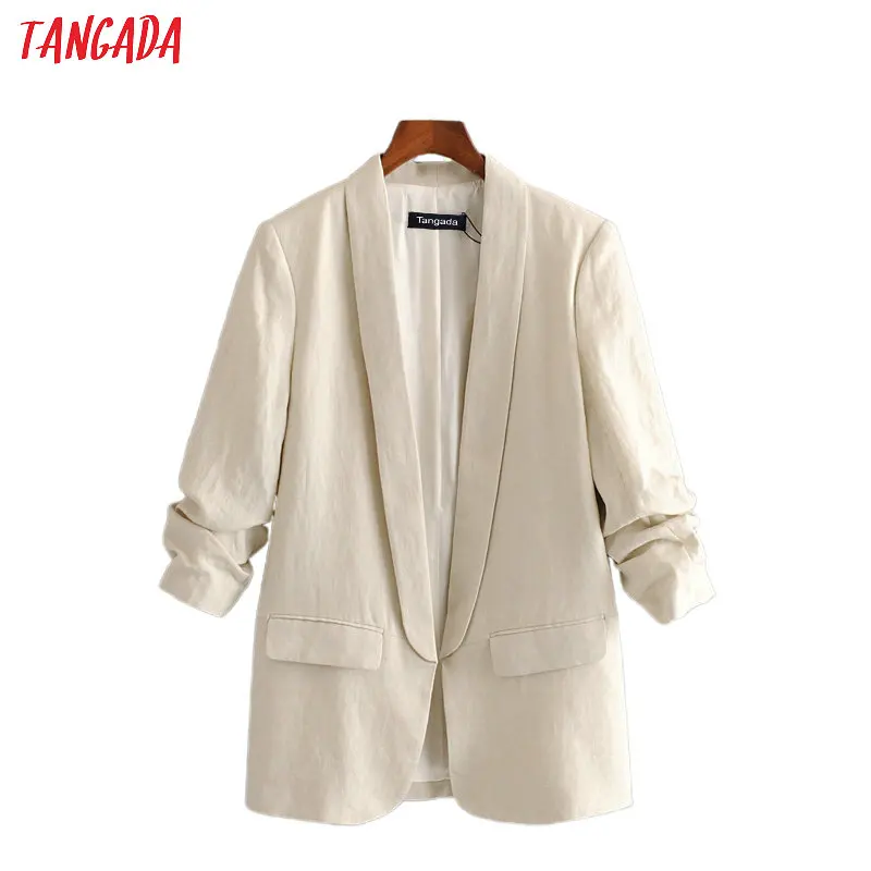 

Tangada women vintage solid cotton blazer female long sleeve elegant jacket ladies work wear blazer formal suits 3H451