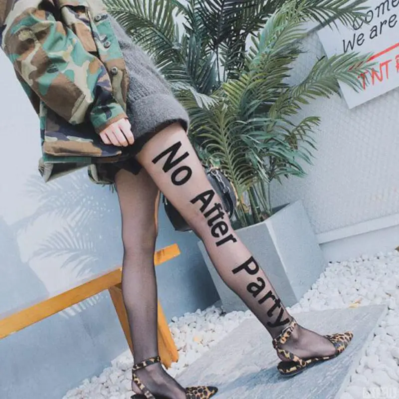 

Womens Punk Sexy Letters Tattoo Tights No After Party Words Pantyhose Sheer Black Elastic Skinny Silky Footed Stockings