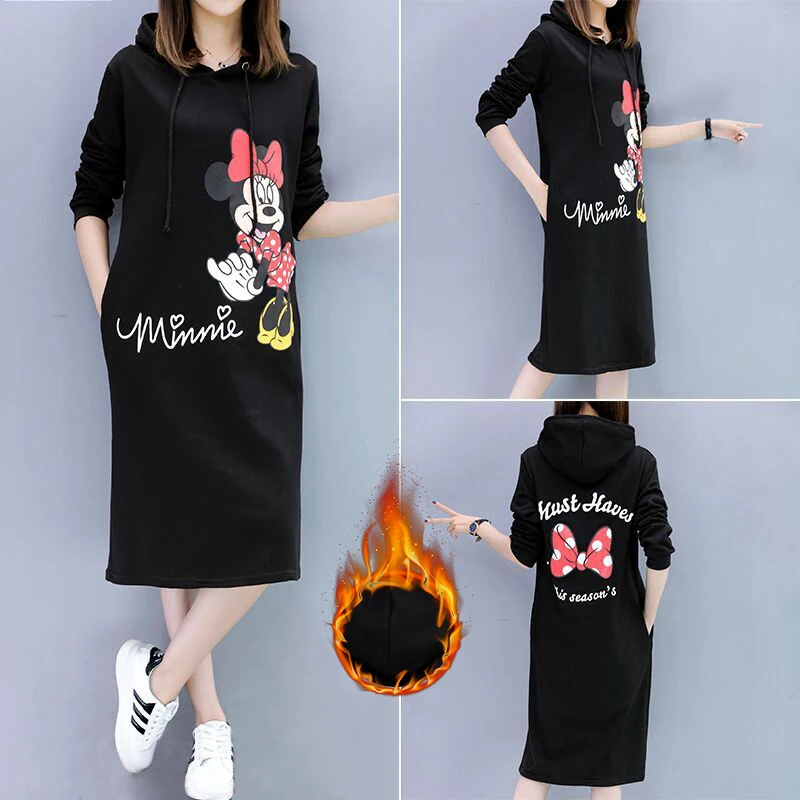 

Hooded Sweater Dresses women Summer Cartoon Letters Print Dress 5XL Plus Size loose Cotton Long Sleeve black