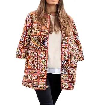 

Thin Spring Autumn Outwear Coat Women Vintage Print Turn Down Collar Three Quarter Sleeve Long Tops Suit Coat 2020 New