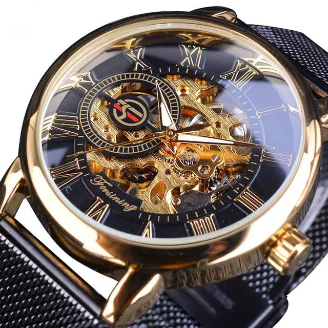

2019 new Retro Fashion Design Skeleton Sport Mechanical Watch Luminous Hands Transparent Mesh Bracelet For Men Top Brand Luxury