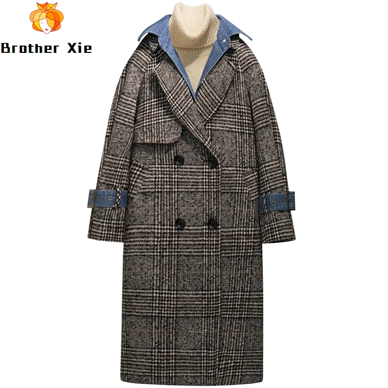 

Long Wool Jacket 2020 New Winter Wool Overcoat Plaid Woolen Overcoat Spring Ladies Coats Double Breasted Coat Jean Denim Collar